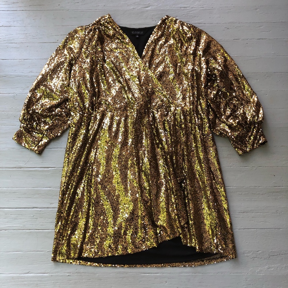 FINAL SALE Eloquii Gold Sequin Mini Dress Sz 28 Long Sleeve Surplice Wrap